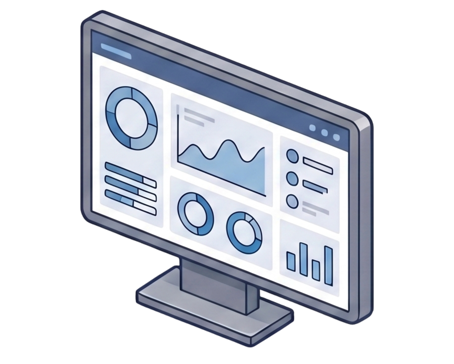 Monitor exibindo dashboards de OEE e indicadores de produção em tempo real