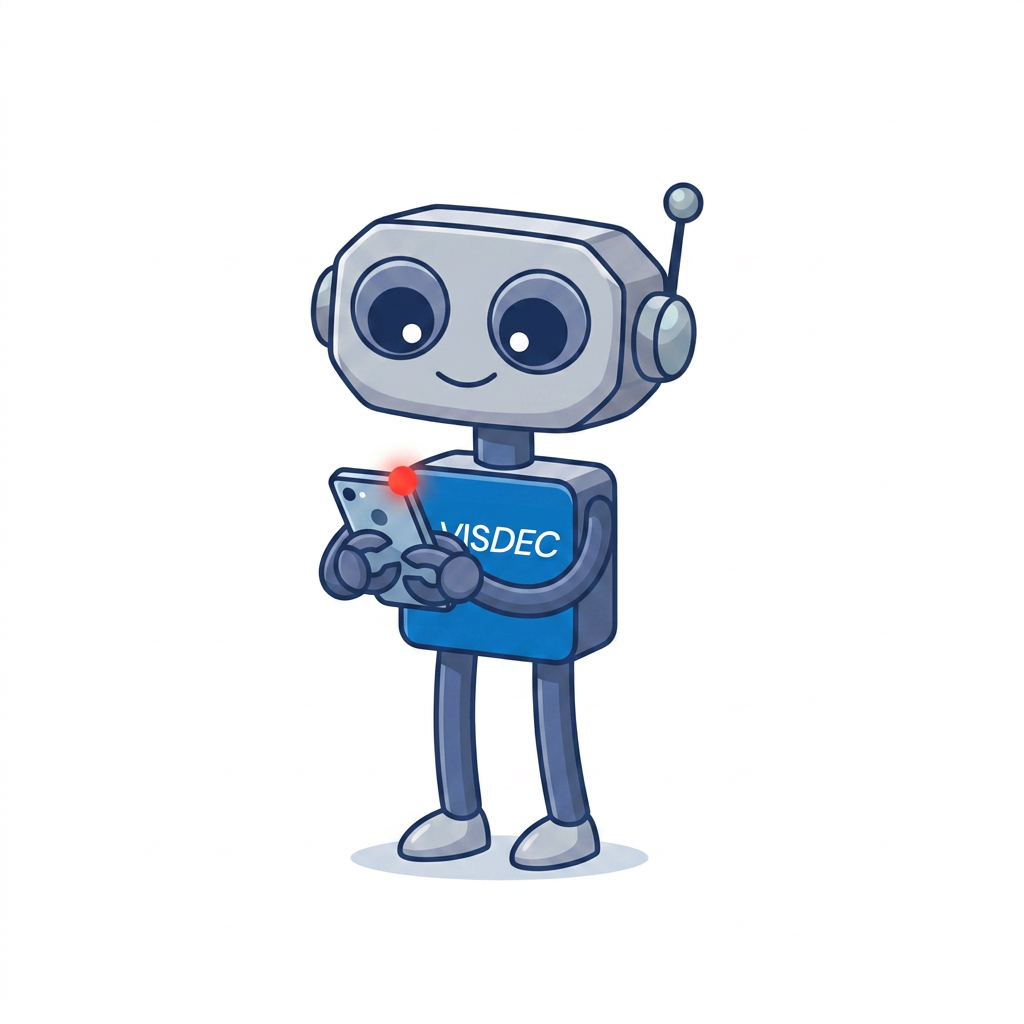 Mascote Visdeco segurando e olhando um celular com notificação de alerta