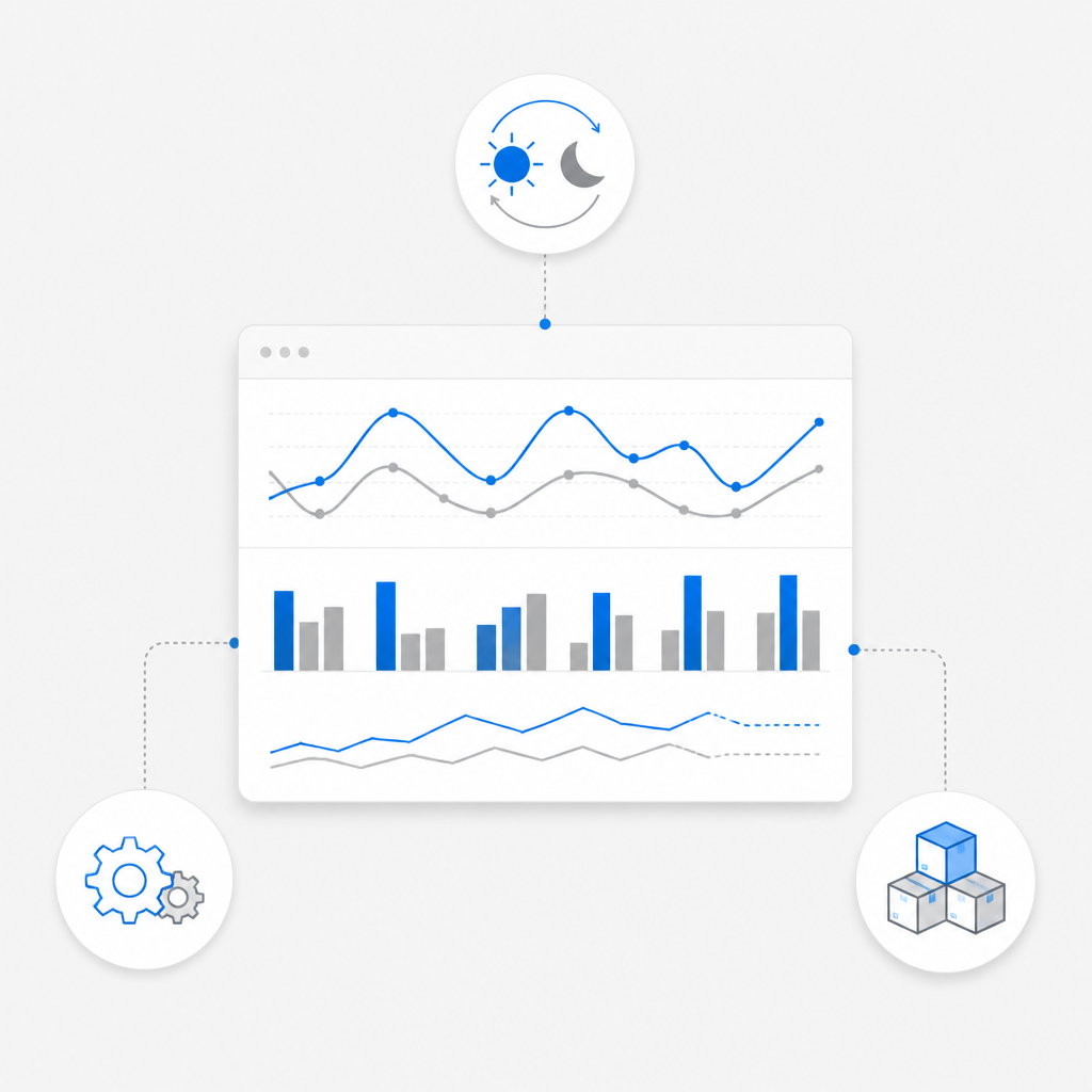 Ilustração de dashboard comparando históricos por turno, máquina e SKU