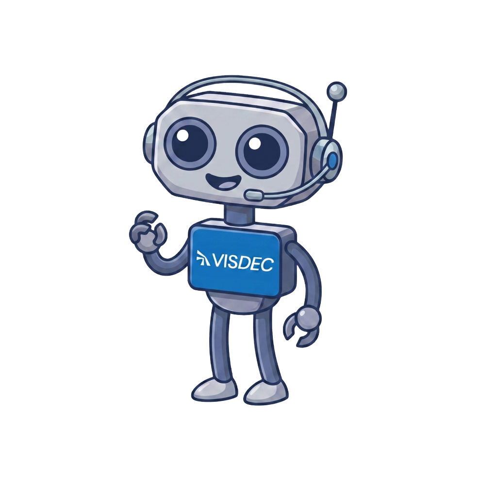 Mascote Visdec com headset, pronto para ajudar