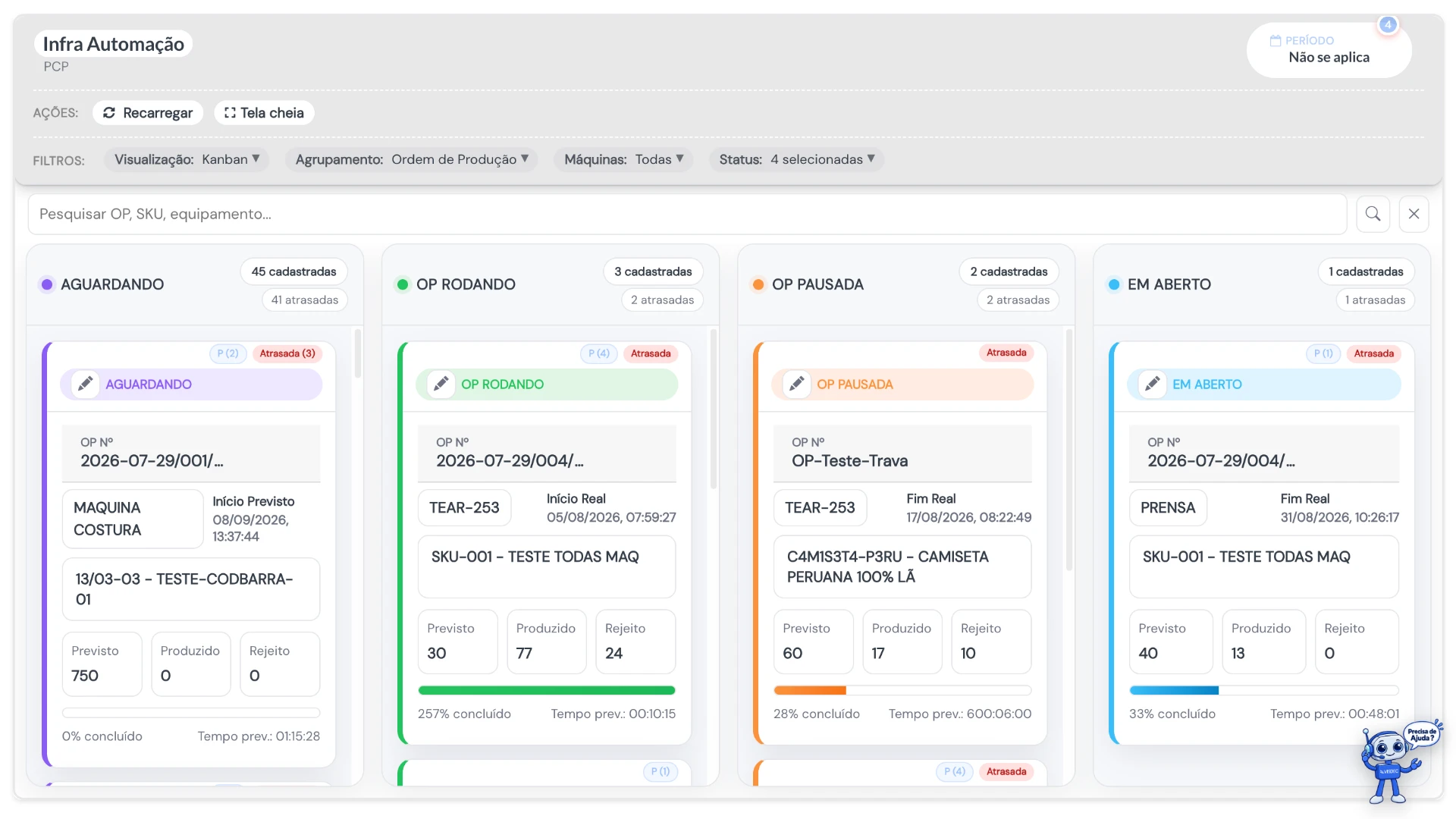 Painel PCP do Visdec com ordens de produção em Kanban por status: aguardando, rodando, pausada e em aberto