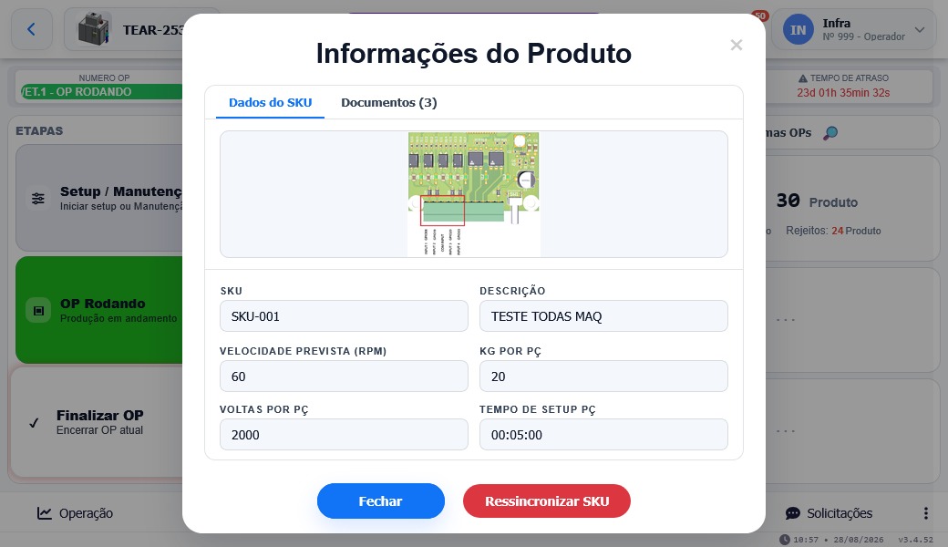 Tela de informações do produto com dados do SKU e documentos