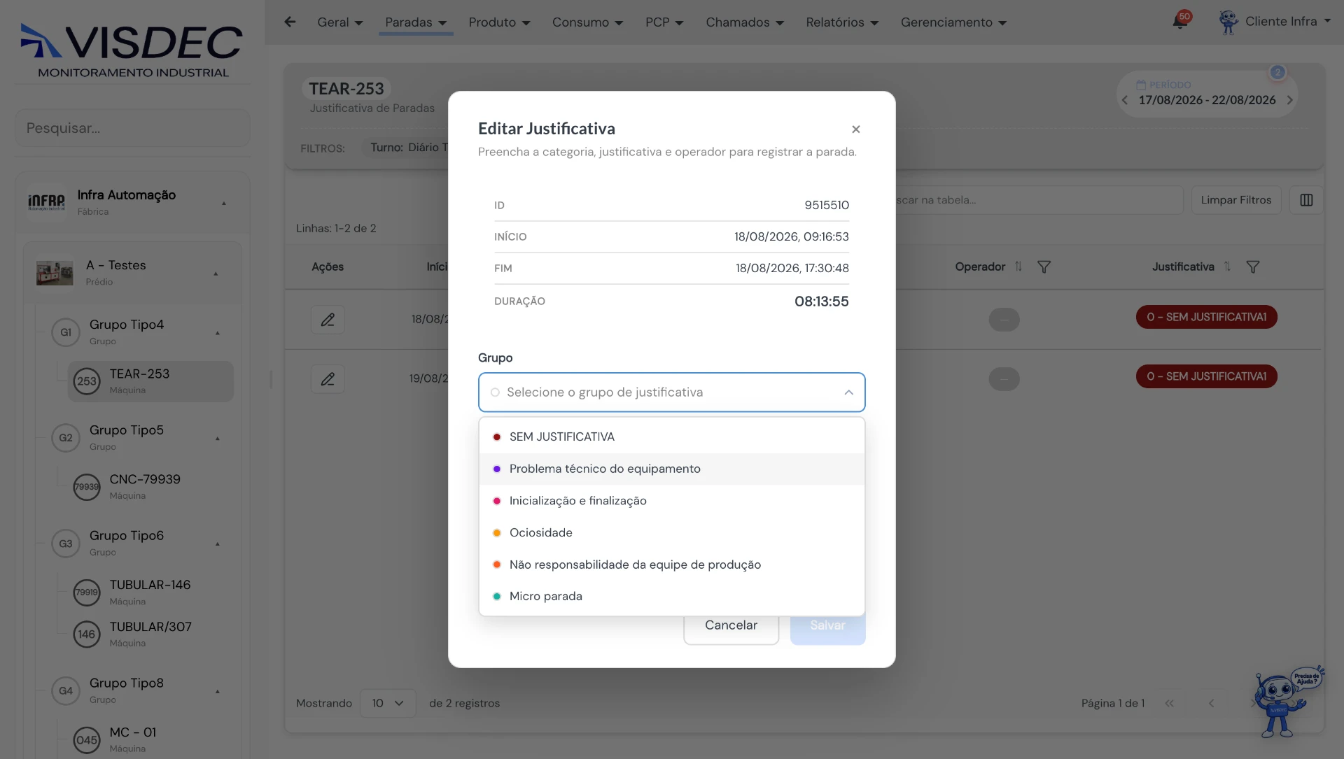 Modal de edição de justificativa com grupos de motivos