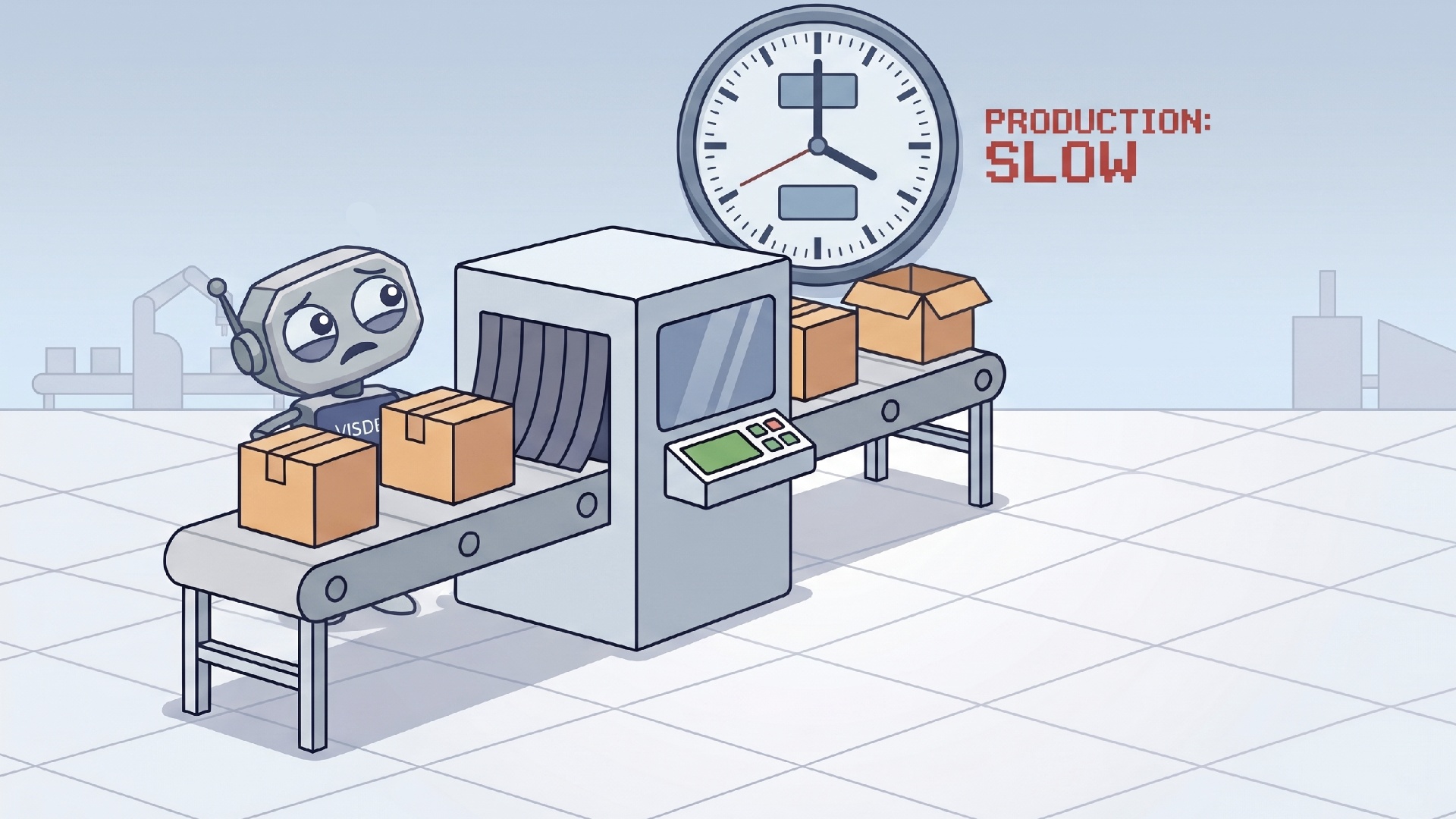 Ilustração de produção lenta na fábrica com relógio marcando produção lenta