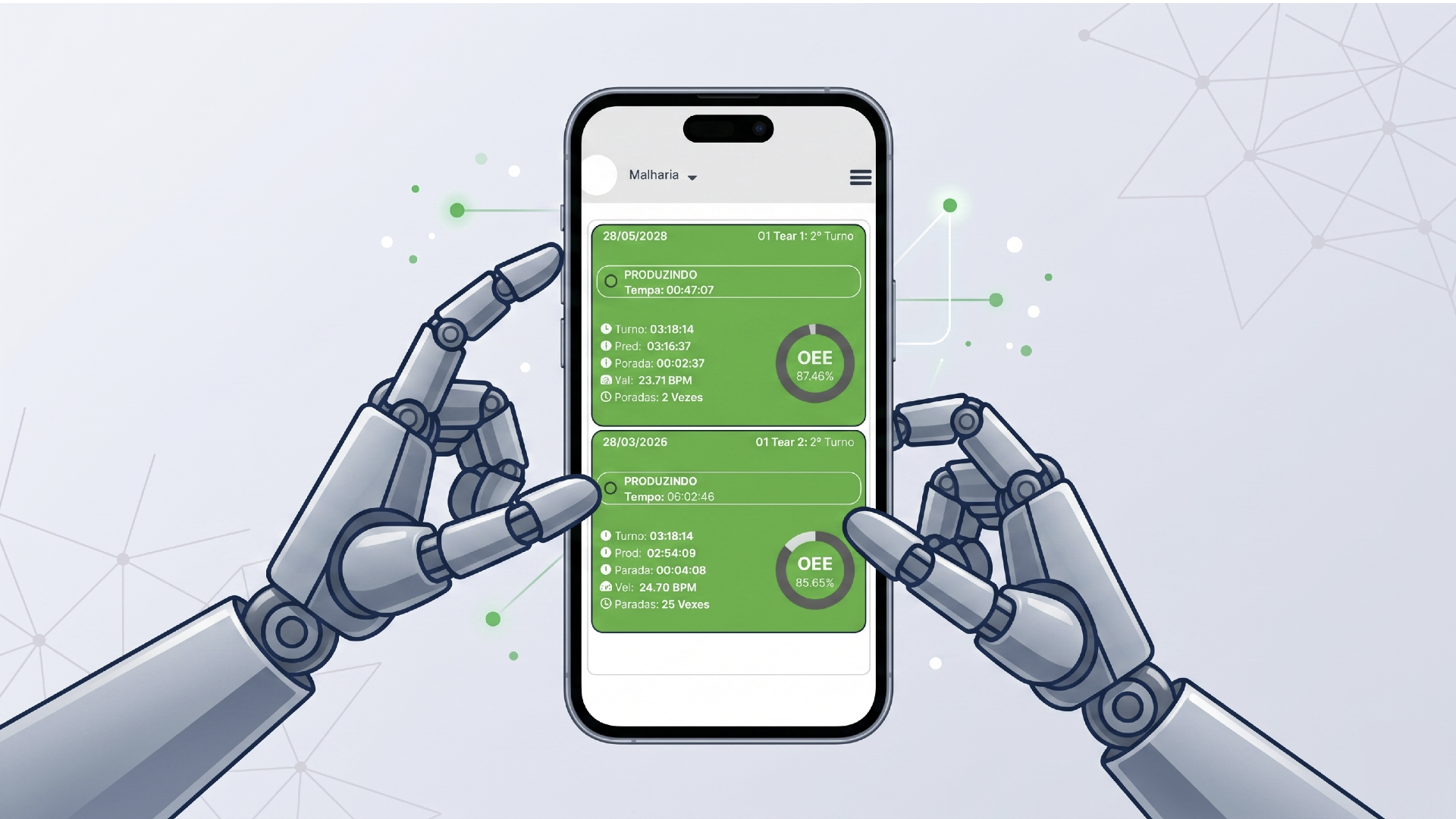 Gestor acompanhando indicadores de produção em tempo real pelo celular com o Visdec