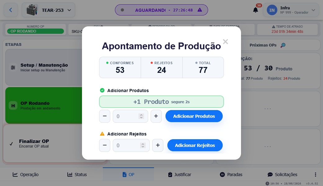 Tela de apontamento de produção com conformes e rejeitos
