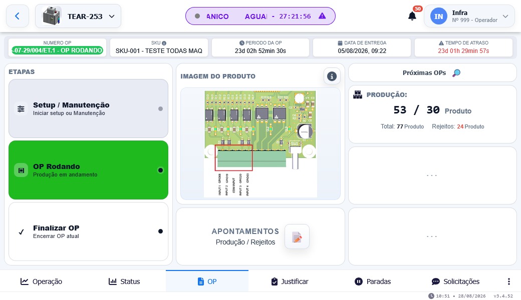 Tela do Cockpit do Operador com etapas da OP, imagem do produto e apontamentos