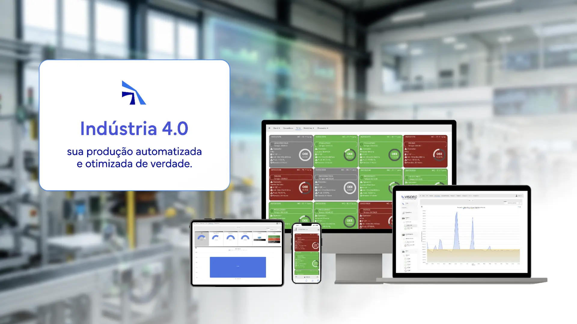 Chão de fábrica conectado representando a Indústria 4.0, com máquinas, sensores e dados integrados