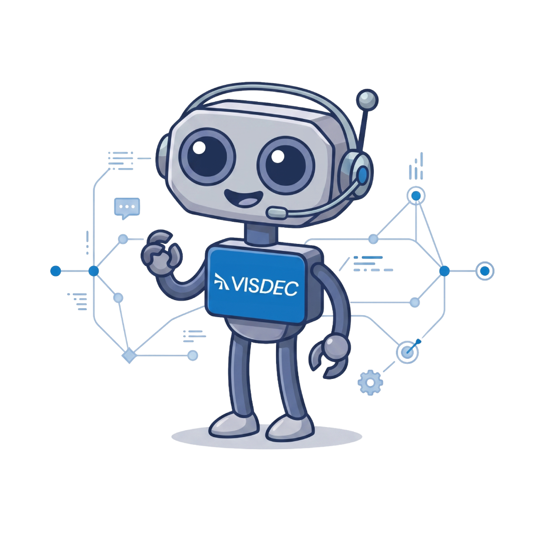 Visdeco, mascote do Visdec com headset, simbolizando o atendimento de chamados da cadeia de ajuda
