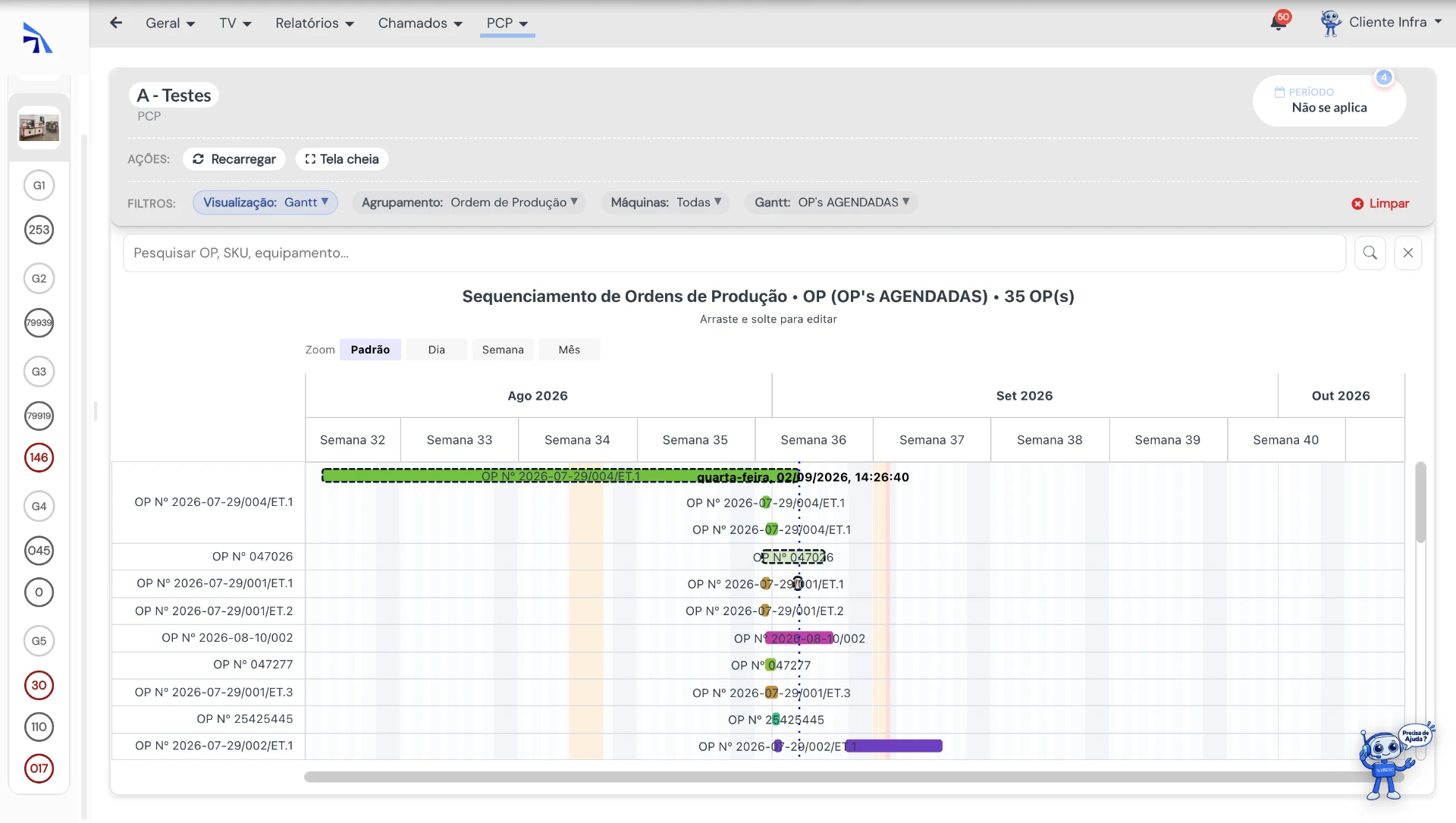Tela de Gantt com as linhas do tempo de cada máquina e OPs alocadas
