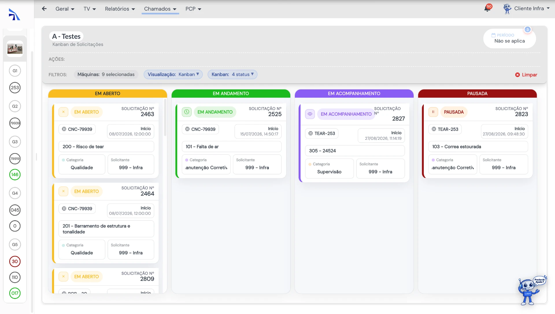 Kanban de solicitações do Visdec com chamados em aberto, em andamento, em acompanhamento e pausados