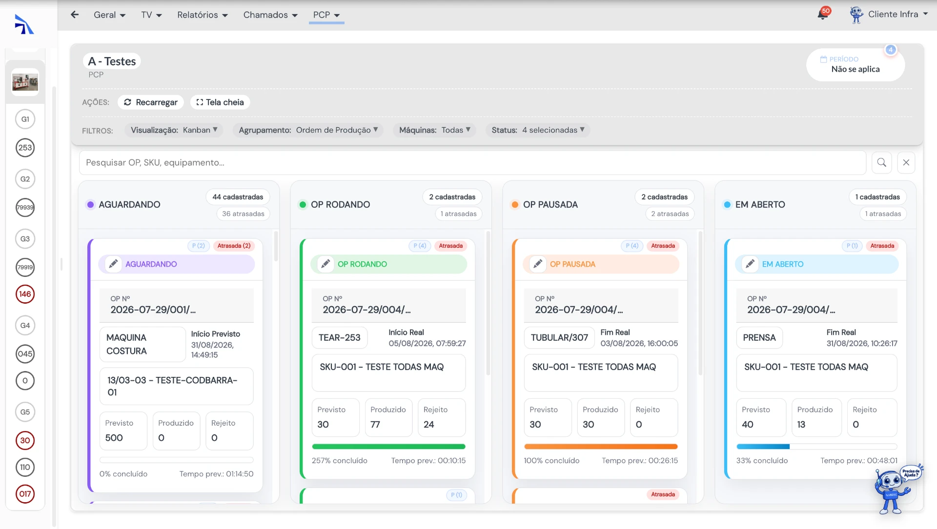 Ordens de produção em visualização Kanban no Visdec
