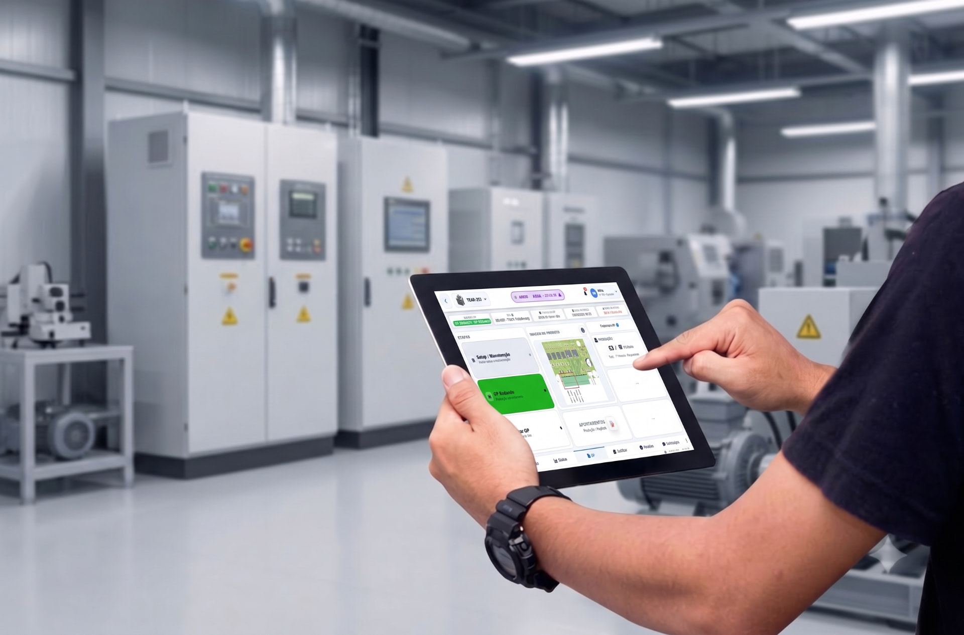 Operador utilizando o tablet Visdec com a OP rodando no chão de fábrica