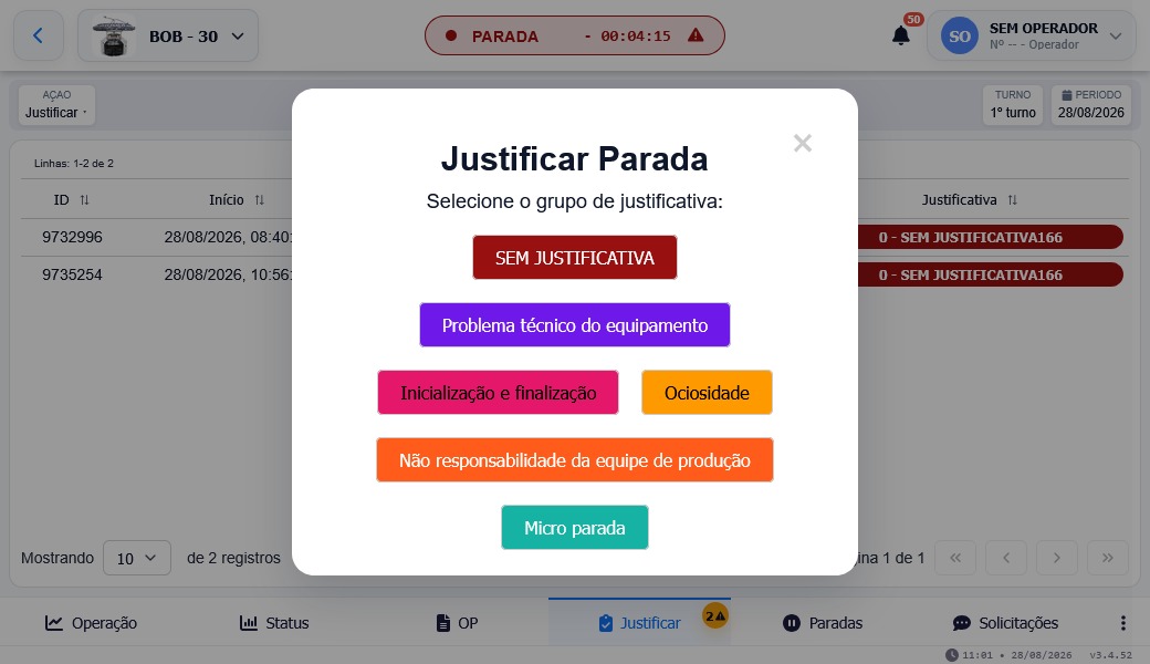 Tela de justificativa de parada com grupos de motivos