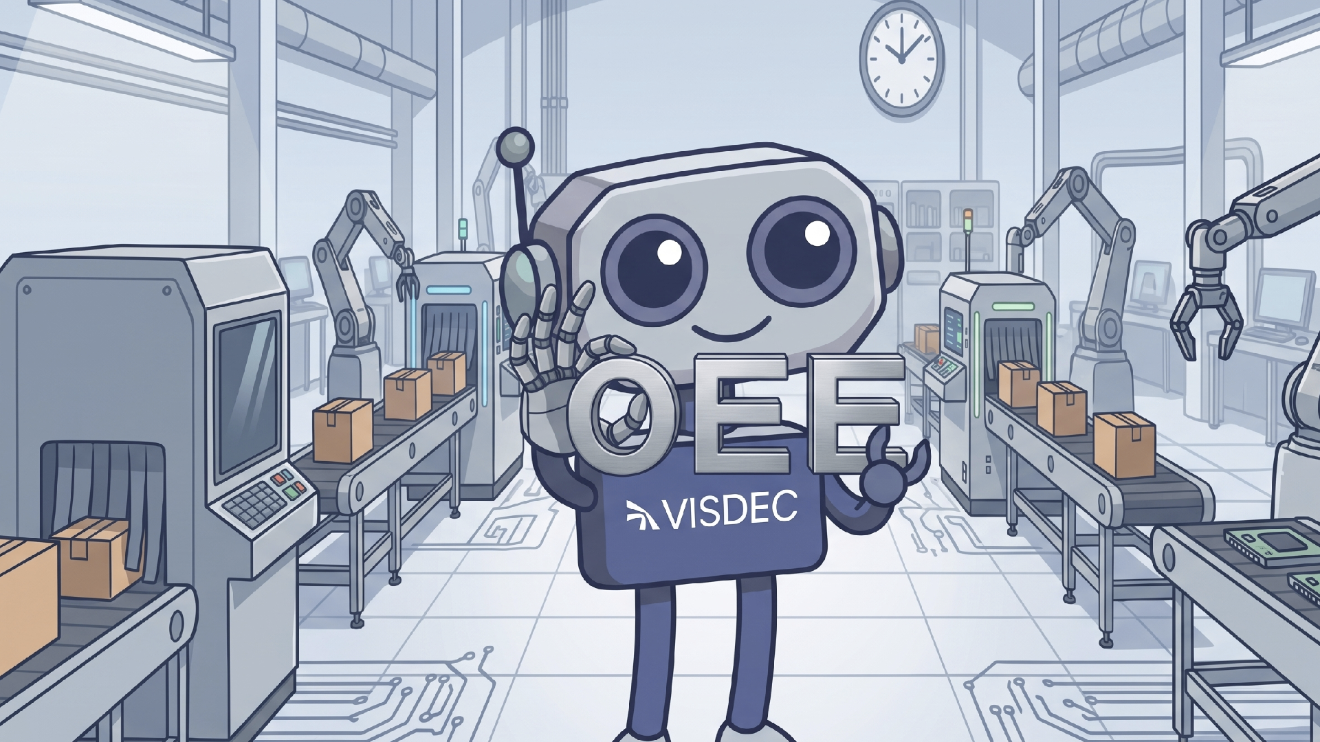 Ilustração do cálculo do OEE combinando Disponibilidade, Performance e Qualidade em uma máquina industrial