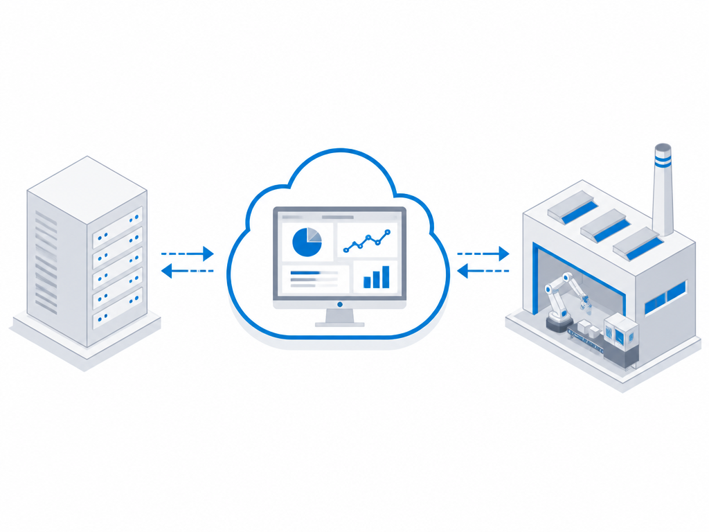 Diagrama da comunicação via API aberta entre o ERP, a nuvem Visdec e o chão de fábrica