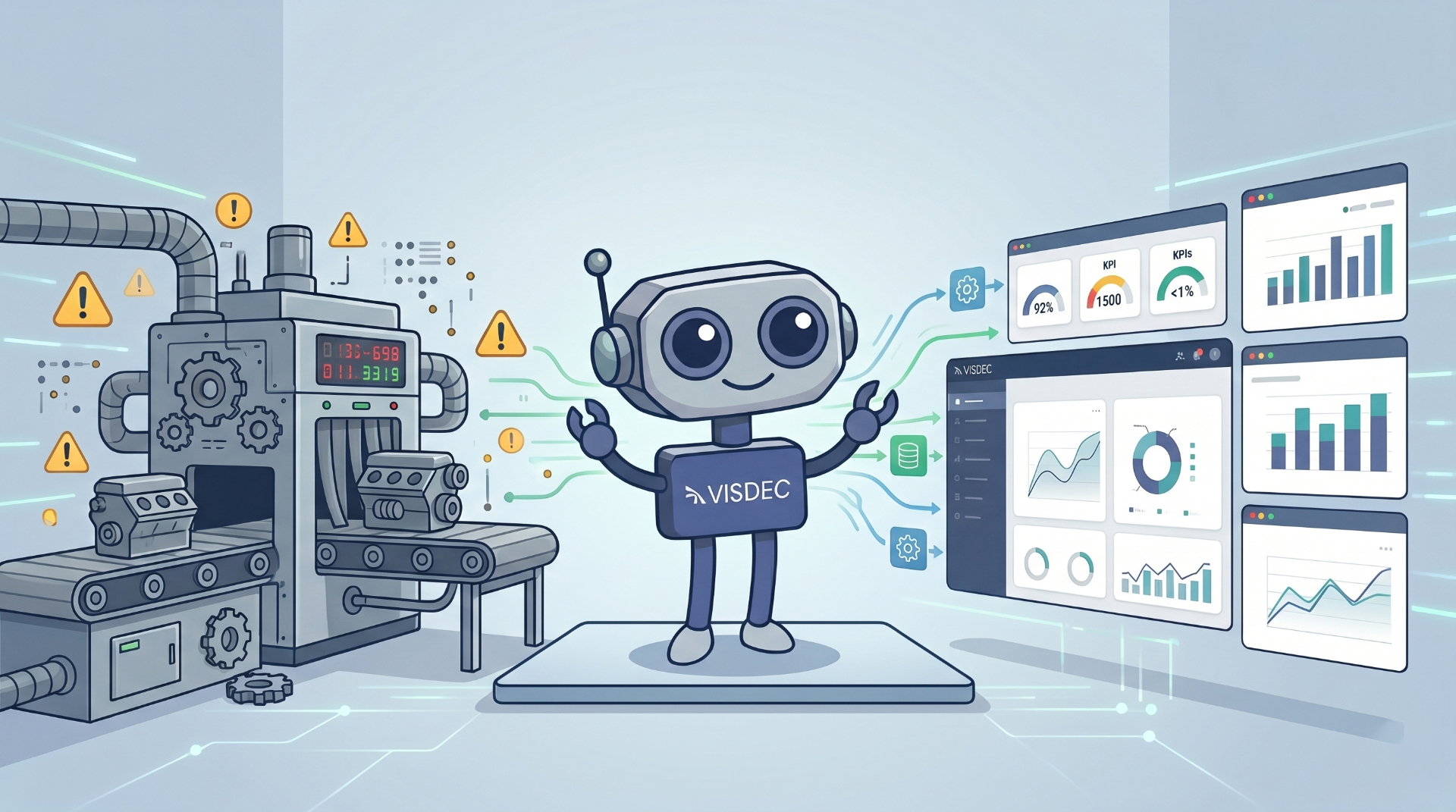 Robô Visdec conectando máquina industrial a dashboards de KPIs