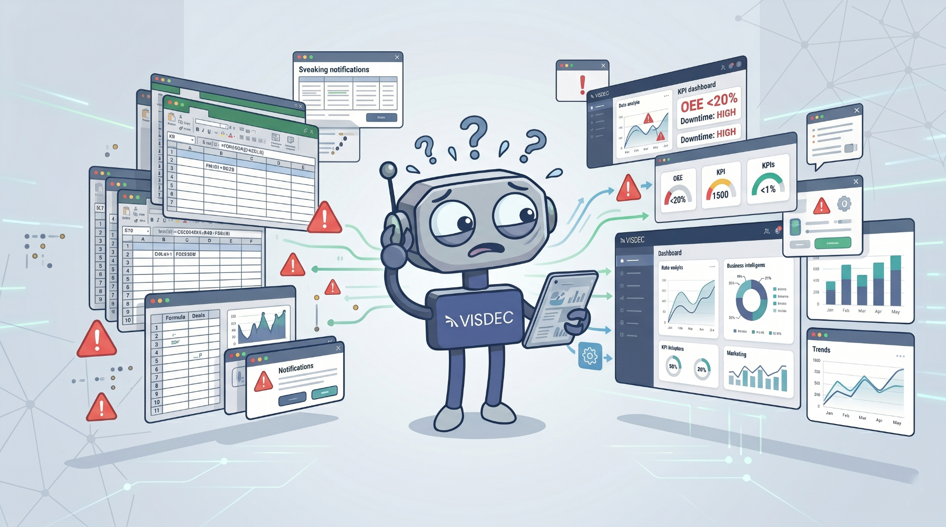 Robô Visdec confuso entre planilhas, notificações e dashboards