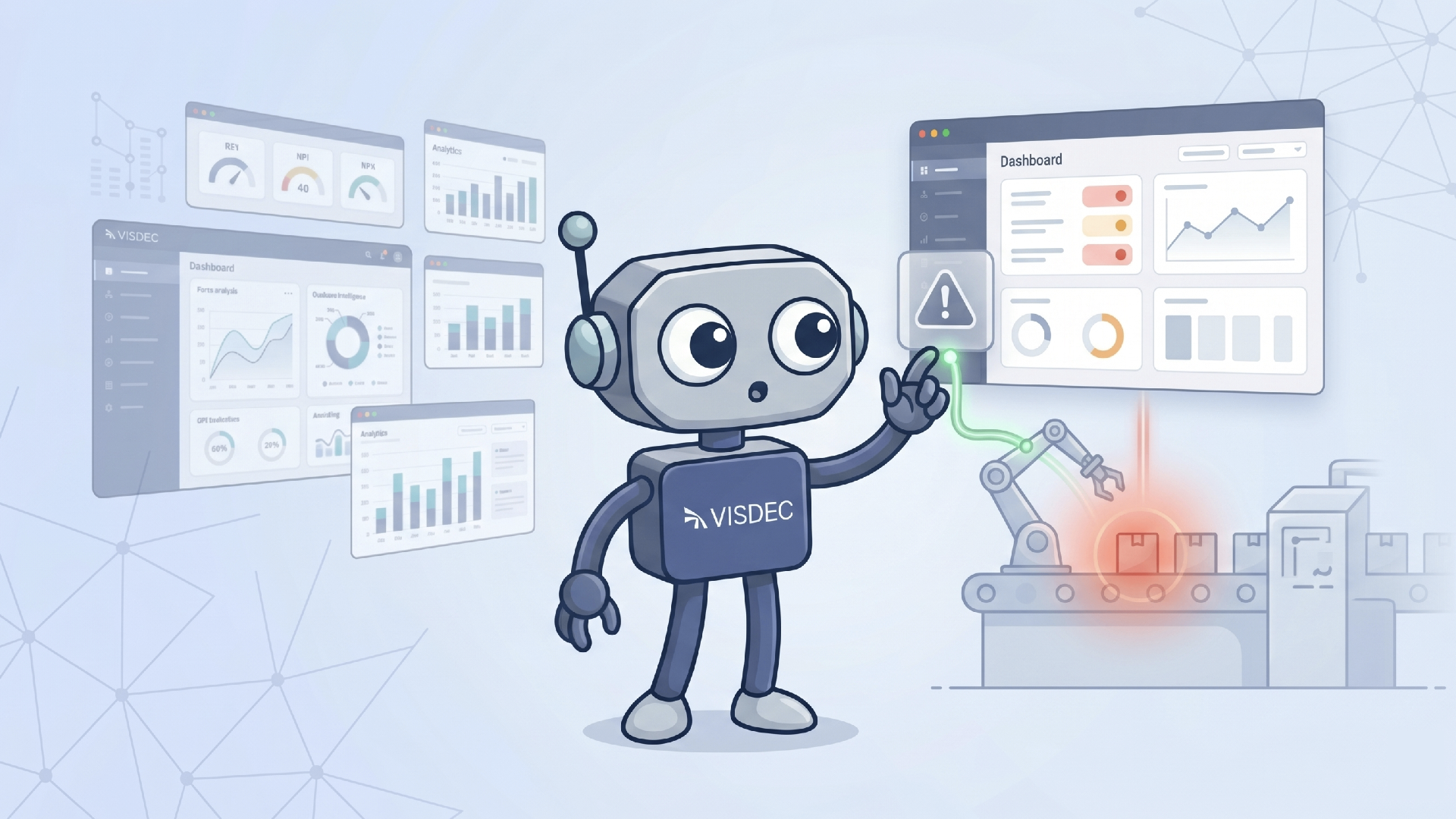 Robô Visdec identificando uma ocorrência na linha de produção com dashboards e alerta em tempo real
