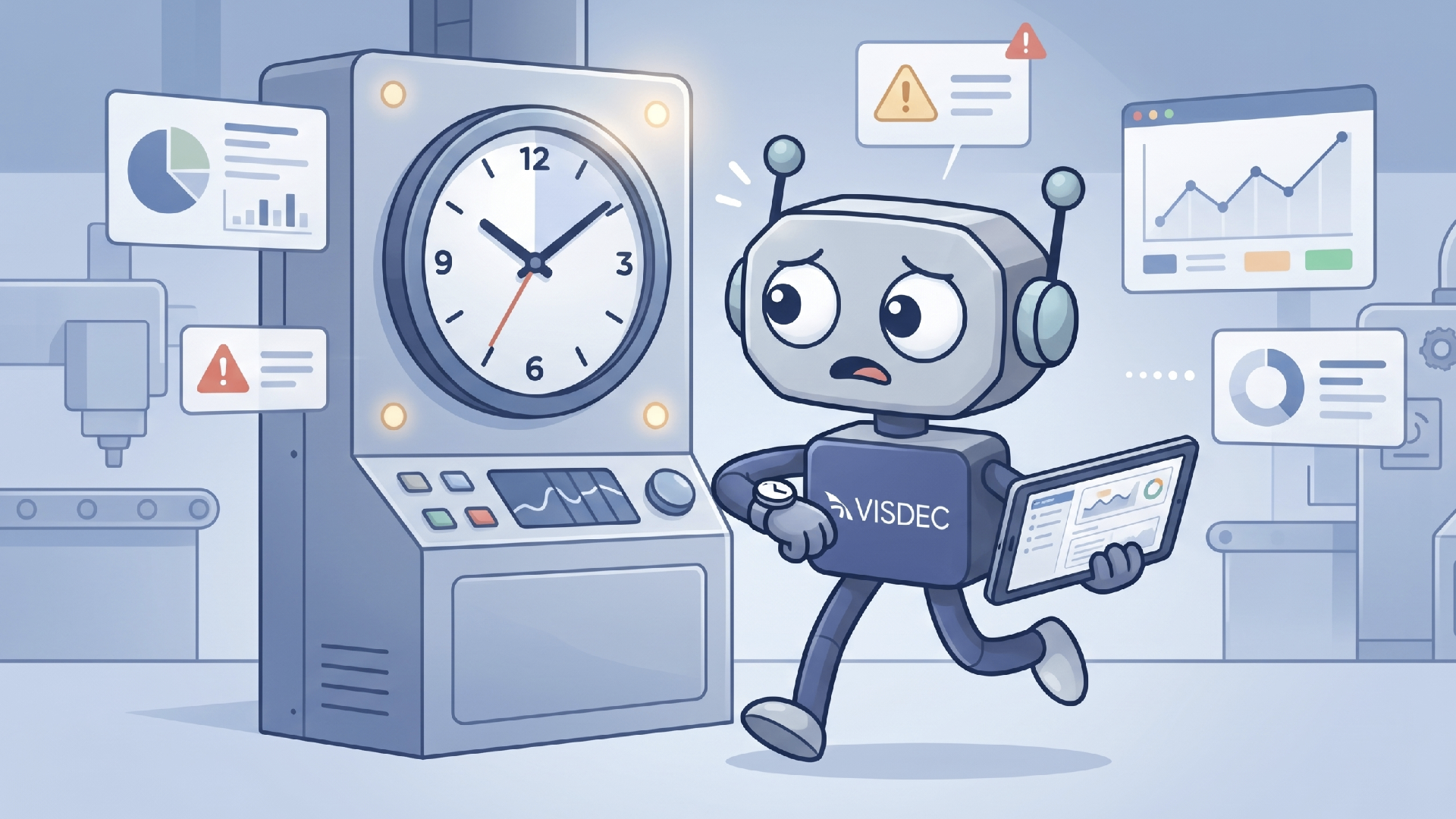 Robô Visdec reagindo a uma parada enquanto alertas e dashboards indicam urgência