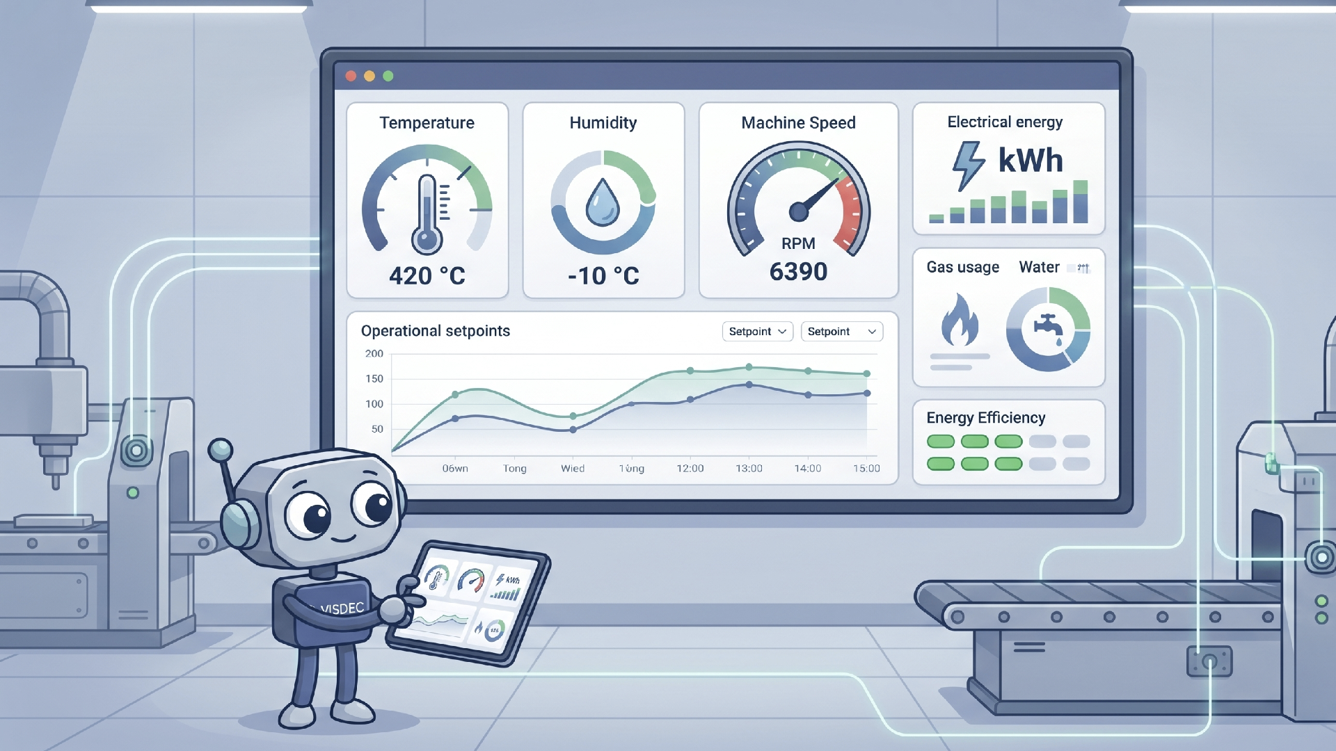 Robô Visdec acompanhando variáveis da operação em painel com temperatura, umidade, velocidade e consumo de energia