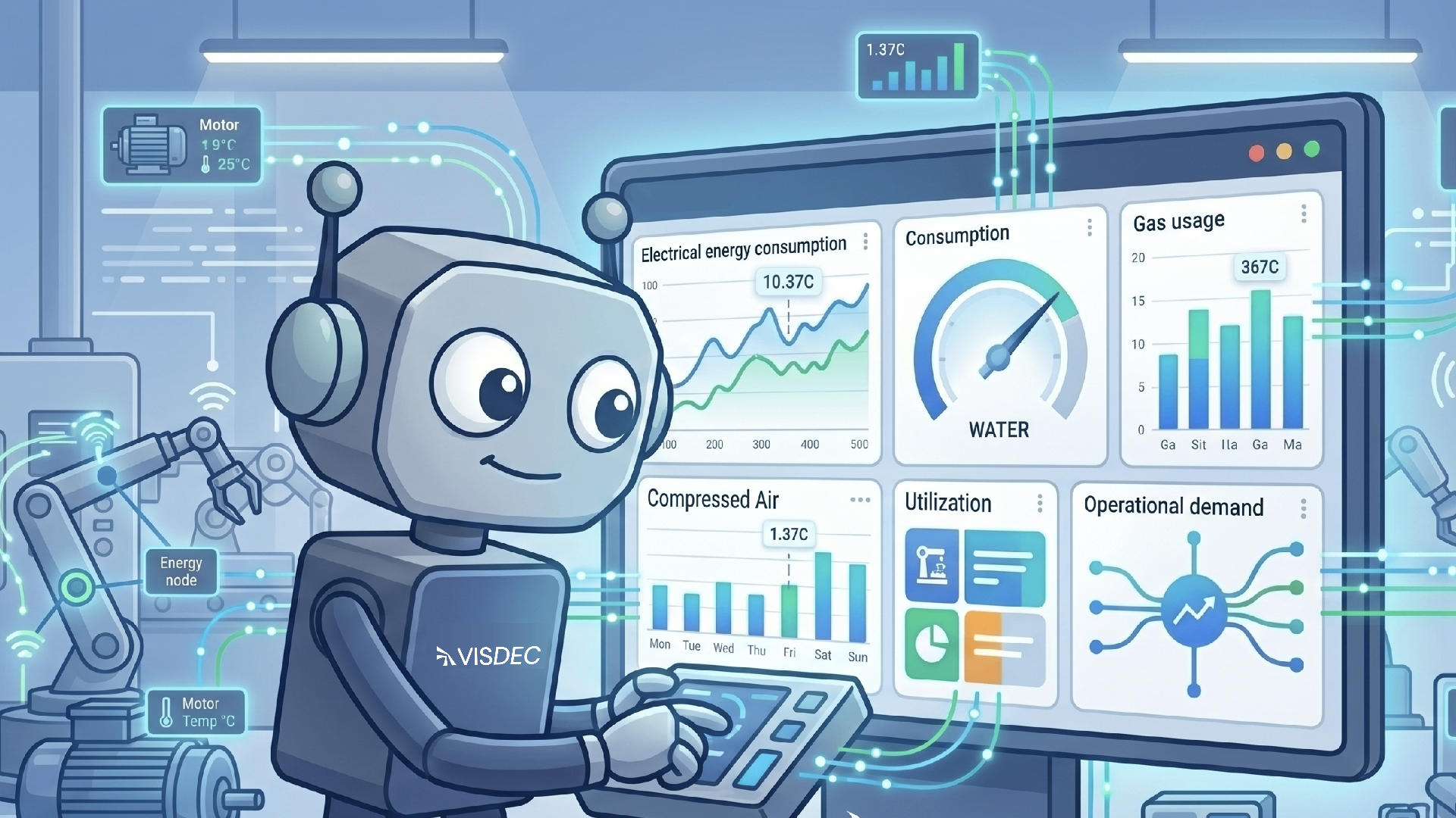 Robô Visdec acompanhando telemetria em tempo real de motores, ar comprimido e consumo energético