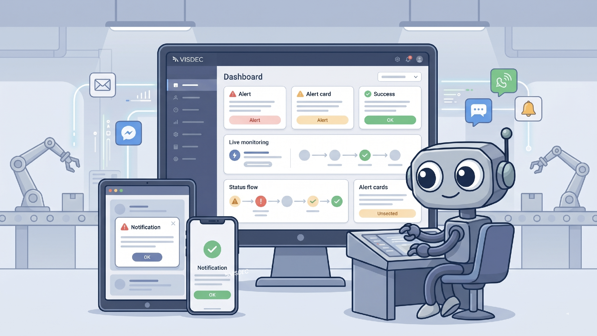 Robô Visdec com dashboard de alertas e notificações em diversos dispositivos