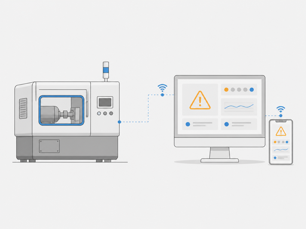Ilustração de máquina industrial enviando alerta de anomalia para monitor e celular