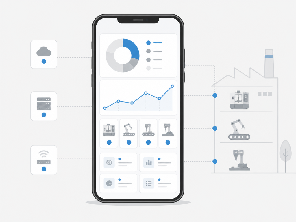 Ilustração de smartphone exibindo dashboard industrial conectado à fábrica