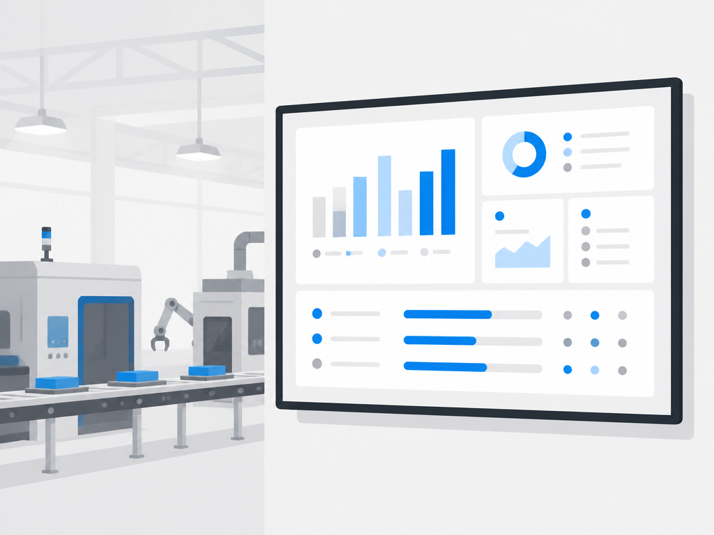 Ilustração de TV industrial no chão de fábrica exibindo dashboard de produção